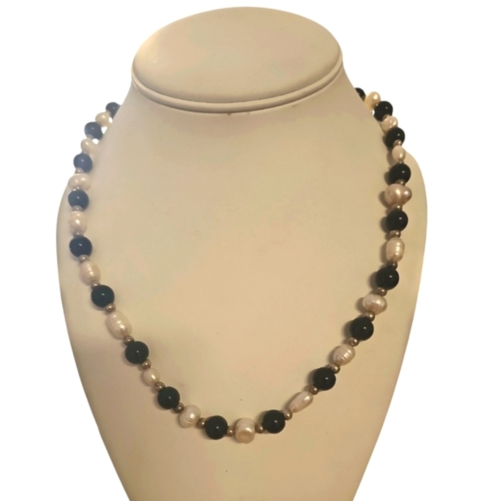 Onyx & Freshwater Pearl Silver Lobster Clasp Necklace
